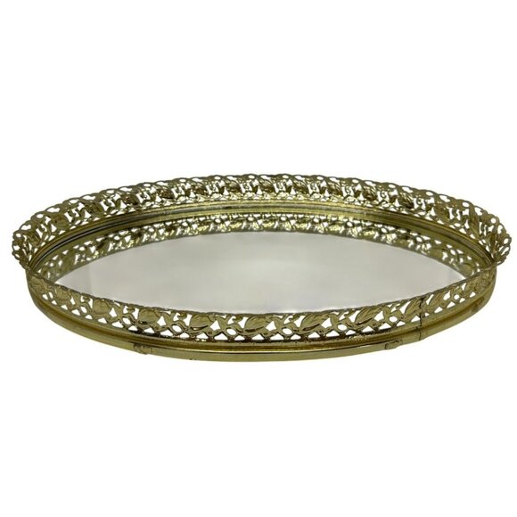 VTG Ornate Gold Mirrored Dresser Tray Oval Vanity Accent Gold Filigree - Picture 1 of 7